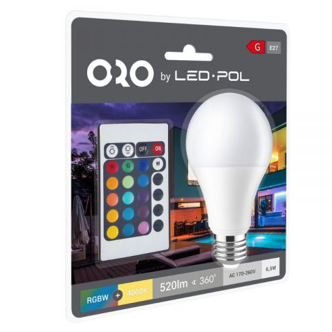 ORO-E27-A60-6,5W-RGBW energooszczędna i wielokolorowa (RGBW) lampa LED